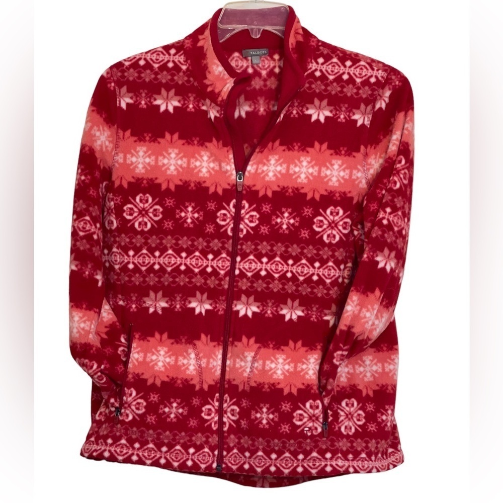 Talbots Fleece Jacket. Size large. Red Snowflake Mock Neck Zip Cozy Soft GUC - Picture 4 of 6